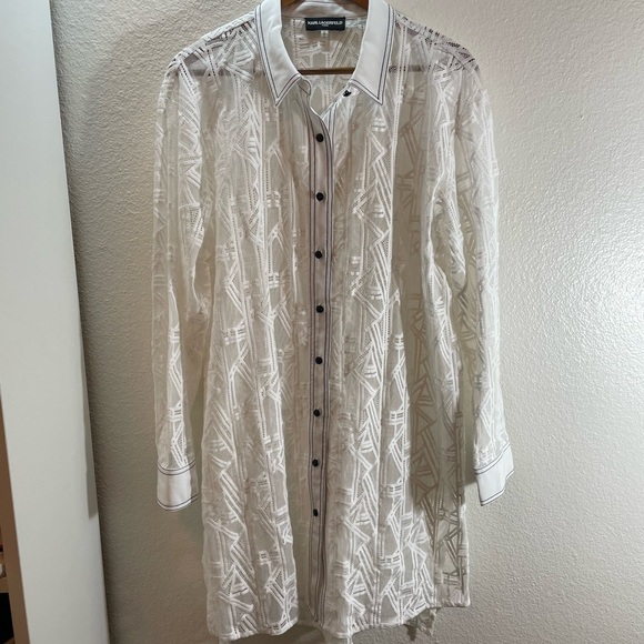Karl Lagerfeld Lace Button Down Abstract Geometric Duster Shirt Dress Size L